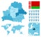 Belarus detailed administrative blue map with country flag and location on the world map.