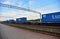 Belarus, JUNE 30. 2020 - Cargo  COSCO SHIPPING Lines and China Shipping transportation on freight train by railway. Soft focus,