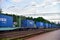 Belarus, JUNE 30. 2020 - Cargo  COSCO SHIPPING Lines and China Shipping transportation on freight train by railway. Soft focus,