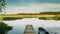 Belarus, Lake Or River And Old Wooden Rowing Fishing Boat Near Old Wooden Pier In Beautiful Summer Sunny Evening