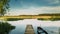 Belarus, Lake Or River And Old Wooden Rowing Fishing Boat Near Old Wooden Pier In Beautiful Summer Sunny Evening