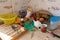 Belarus Minsk 06 12 2019 A messy dining table with food and utensils.