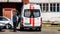 BELARUS, NOVOPOLOTSK - MAY 28, 2020: Back door of ambulance