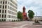 Belarus. Red church near the Government House in Minsk. May 21, 2017