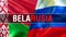 BelaRUSIA on Russia and Belarus flags. Waving flag design,3D rendering. Russia Belarus flag picture, wallpaper image. Russian