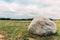 Belarusian landscape with a boulder in the center field. Sunset landscape