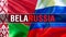 BelaRUSSIA on Russia and Belarus flags. Waving flag design,3D rendering. Russia Belarus flag picture, wallpaper image. Russian