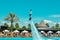 Belek, Turkey - September 12, 2018. Exciting fly board watershow at the pool party. Summer vacation fun sport concept