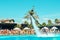 Belek, Turkey - September 12, 2018. Exciting fly board watershow at the pool party. Summer vacation fun sport concept