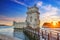 Belem Tower on the bank of the Tagus River on sunset. Lisbon, Portugal