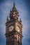 BELFAST, NORTHERN IRELAND, DECEMBER 19, 2018: Close up of Albert Memorial Clock Tower situated at Queen`s Square in Belfast. It