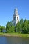 The belfry of Holy Trinity Cathedral the 18th century on the river bank of Pertomki. Poshekhonje, Yaroslavl region