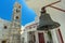 Belfry of of Panagia Tourliani monastery in Town of Ano Mera, island of Mykonos, Greece