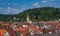 The belfry of the St. Johnâ€˜s Church St. Johanniskirche, late romantic era, Schwaebisch Gmuend, Baden-Wuerttemberg, Germany,