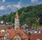 The belfry of the St. Johnâ€˜s Church St. Johanniskirche, late romantic era, Schwaebisch Gmuend, Baden-Wuerttemberg, Germany,