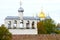 Belfry of St. Sophia Cathedral close up on a cloudy October day. The Kremlin of Veliky Novgorod, Russia