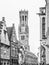 The Belfry Tower, aka Belfort, of Bruges, medieval bell tower in the historical centre of Bruges, Belgium. Close-up view