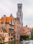 The Belfry Tower, aka Belfort, of Bruges, medieval bell tower in the historical centre of Bruges, Belgium. Close-up view