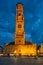 Belfry tower and Grote markt square in Bruges, Belgium on dusk in twilight