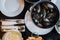 Belgian lunch: steamed mussels, french fries and beer