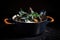 Belgian mussles in black kettle with white sauce and herbs, AI generative