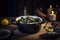 Belgian mussles in black kettle with white sauce and herbs, AI generative