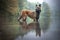 Belgian shepherd is standing in water. Dog in a mountain scenery with foggy mood. Hiking with mans best friend to lake.