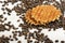 Belgian Waffle biscuit and coffee beans scattered on light surface