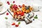 Belgian waffles. Berry Belgian Waffle with raspberries, strawberries and blueberries. Delicious breakfast or snack