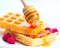 Belgian waffles with honey and berries closeup over white