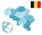 Belgium administrative blue-green map with country flag and location on a globe