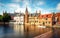 Belgium - Historical centre of Bruges river view. Old Brugge bu