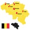 Belgium infographic map city Brussels Bruxelles, Liege Luik, Gent Ghent, Brugge Bruges, Charleroi, Antwerp Antwerpen with national