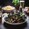 Belgium Moules-frites & x28;Mussels and Fries& x29; in a Lively Seafood Market Scene