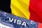 Belgium Visa Document, with Belgium flag in background. Belgium flag with Close up text VISA on USA visa stamp in passport,3D