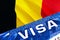 Belgium visa document close up. Passport visa on Belgium flag. Belgium visitor visa in passport,3D rendering. Belgium multi