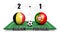 Belgium vs Portugal . Soccer ball with national flag pattern on perspective football field . Dots world map background . Football