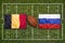 Belgium vs. Russia flags on rugby field