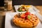 Belgium Waffle with potato eggs and cappuccino coffee