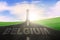 Belgium word on road with arrow upward