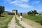 Belgorod-Dnestrovsky, Ukraine-June 26 2021.A girl in a beautiful dress walks along the path in the ancient fortress of Akerman