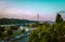 Belgrade New bridge on Ada Ciganlija lake at sunset, Serbia.