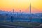 Belgrade Sava river coast and cityscape at sunset view