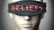 Beliefs can make things harder to see or makes us blind to the reality - pictured as word Beliefs on a blindfold to symbolize