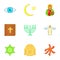 Beliefs icons set, cartoon style