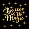 Believe in the magic- Christmas  calligraphy text, with gold stars, on black background.