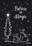 Believe in magic hand drawn black and white outline christmas winter new year greeting card with cute small and big polar bears