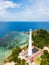 Belitung beach and islands drone view with Lengkuas Island lighthouse