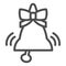 Bell with bow line icon. Traditional holiday handbell outline style pictogram on white background. Ringing handle signal