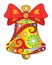 Bell with bow - vector linear full color illustration. Golden festive, Christmas bell with red ribbon, snowflakes, stars and other